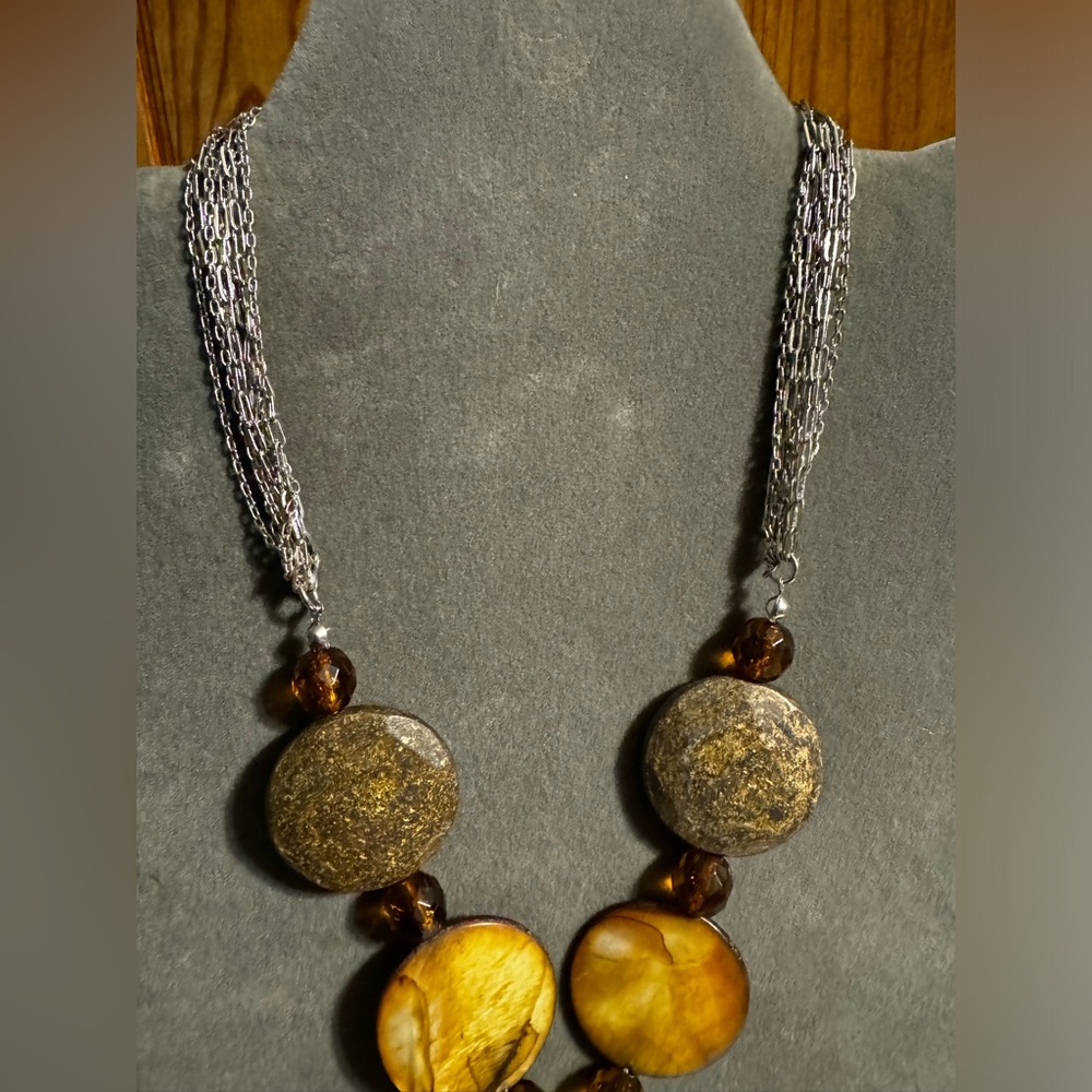 Bronzite Shell Statement Silver Tone Necklace - image 4